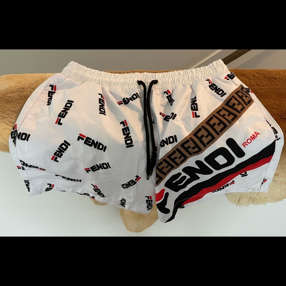 Fendi White Black Red Logo Swim Trunks
